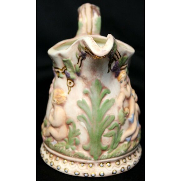 VTG 70 Hazel Cousins Pink Cream White Ceramic Pitcher Multicolor Cherub Vineyard - Picture 2 of 11